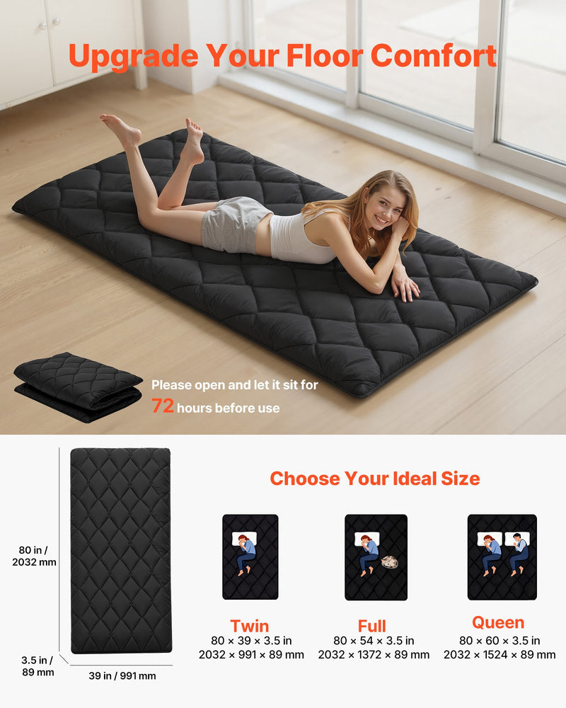 Japanese Tatami Mat, Twin Size Foldable Japanese Tatami Mattress, Futon Mattress With Storage Bag & Fastener, 9-Layer Floor Mat For Sleeping, Dormitory, Meditation, Yoga, 80 X 39 X 3.5 In, Black